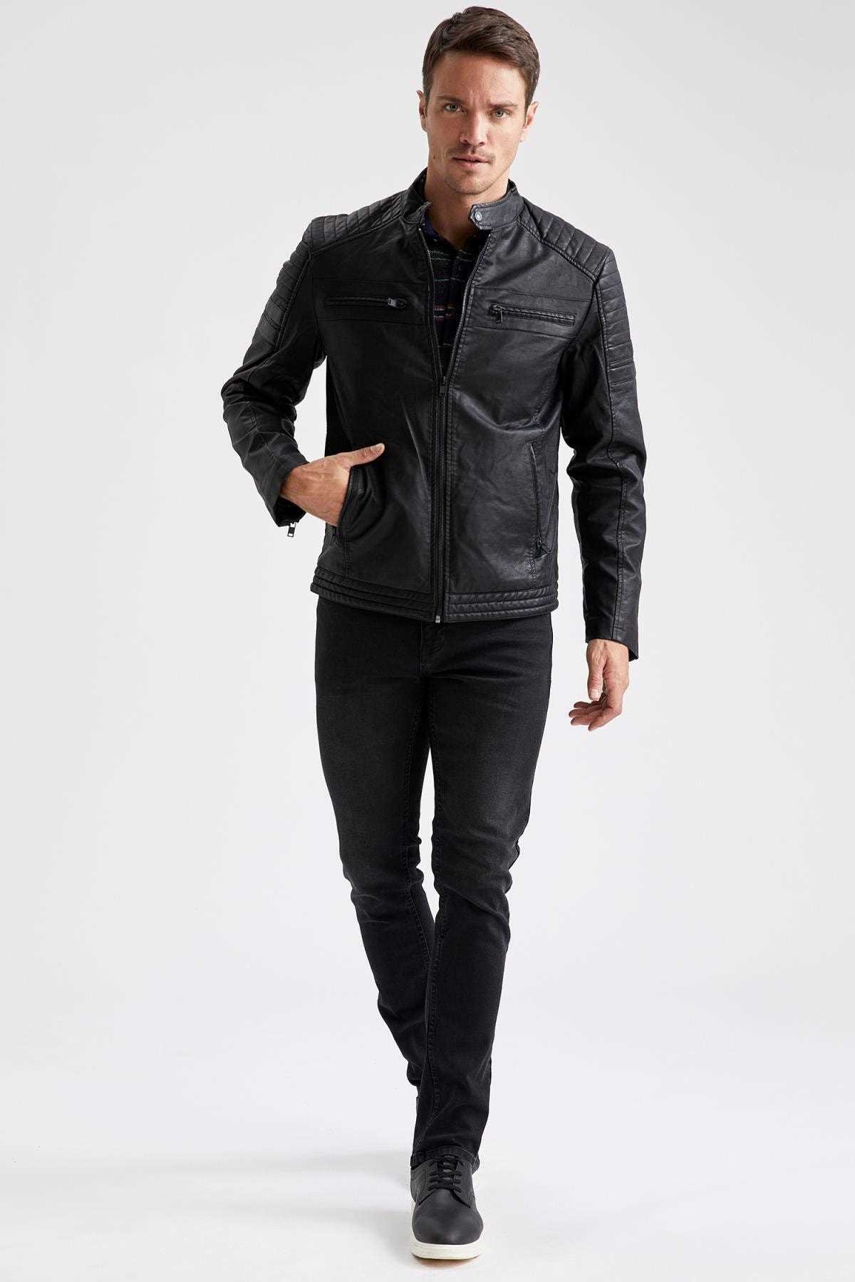 خرید پستی ژاکت چرم زیبا مردانه برند دفاکتو ترک رنگ نقره ای کد ty52119896