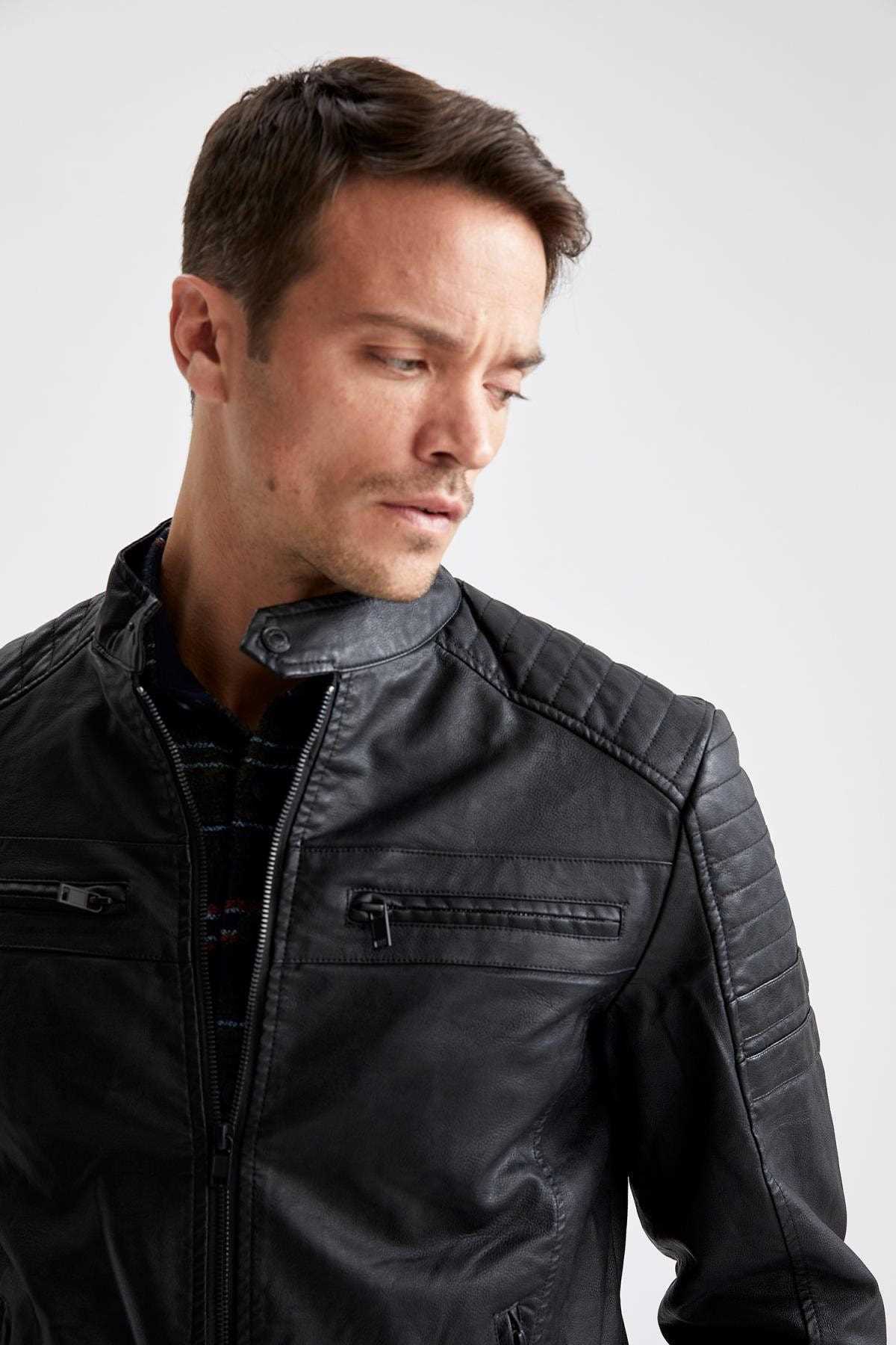 خرید پستی ژاکت چرم زیبا مردانه برند دفاکتو ترک رنگ نقره ای کد ty52119896