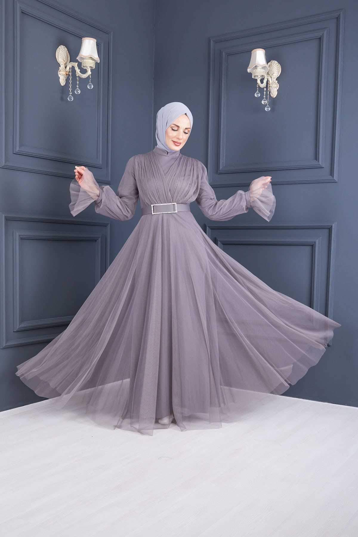 فروش لباس شب پوشیده زنانه پاییزی برند Moda Echer رنگ نقره ای کد ty113483873